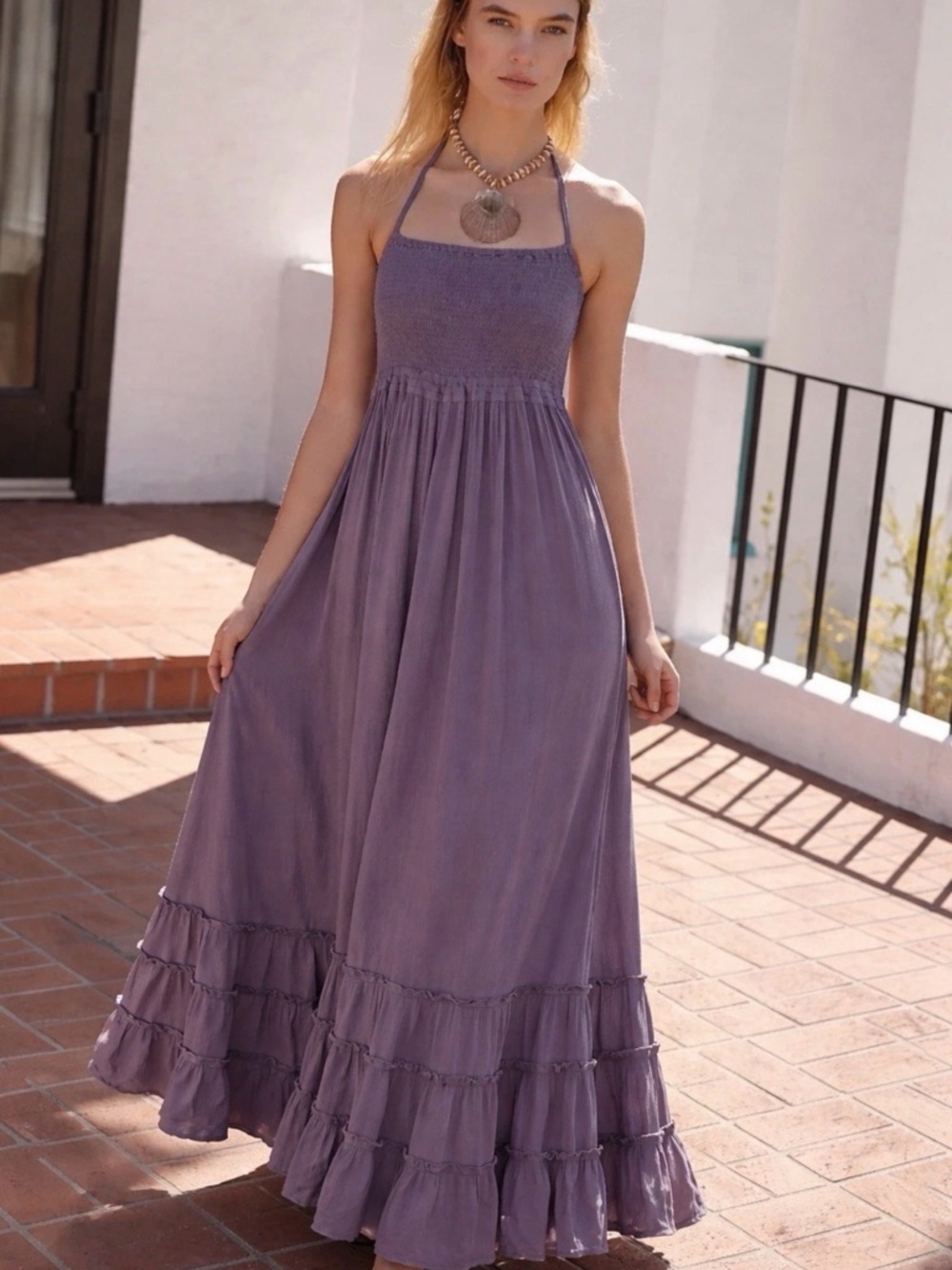 Free People Purple Boho Maxi Dress S Halter Open Back Tiered Flowy